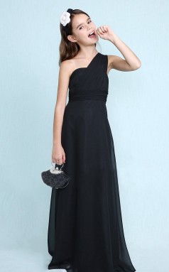 Schwarzes Chiffon-Ein-Schulter-Kleid für Junior-Brautjungfern, Blumenmädchenkleid GJFGD003