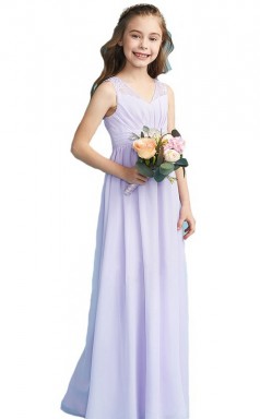 Fliederfarbenes langes V-Ausschnitt-Chiffonkleid für Junior-Brautjungfern, Blumenmädchenkleid GJFGD004