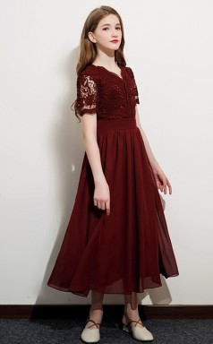 Dunkelburgunderfarbenes Spitzen-Chiffonkleid für Kinder-Brautjungfern, Mädchen-Geburtstagspartykleid GJFGD052