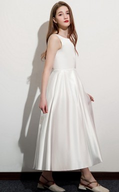 Elfenbeinfarbenes Satin-Erstkommunionkleid, Blumenmädchenkleid GJFGD053