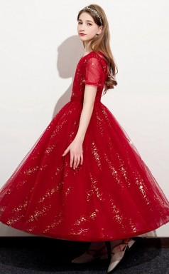 Rotes kurzärmeliges Tüllkleid für Kinder-Abschlussball, Mädchen-Geburtstagspartykleid GJFGD058