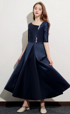 Dunkelblaues halbärmeliges Tee-Länge-Kleid für Junior-Brautjungfern, Mädchen-Geburtstagspartykleid GJFGD060