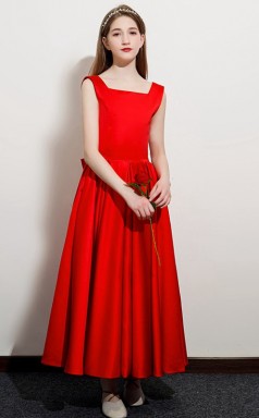Rotes Satin-Erstkommunionkleid, Blumenmädchenkleid mit Schleifen GJFGD061