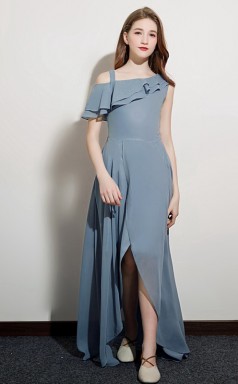 Staubiges blaues Ein-Schulter-Kleid mit hoher Taille für Junior-Brautjungfern, Blumenmädchenkleid GJFGD063
