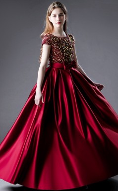 Burgunderfarbenes halbärmeliges Paillettenkleid für Junior-Abschlussball, Mädchen-Geburtstagspartykleid GJFGD068