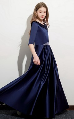 Dunkelblaues Satin-Halbärmel-Kleid für Kinder-Abschlussball, Mädchen-Geburtstagspartykleid GJFGD069