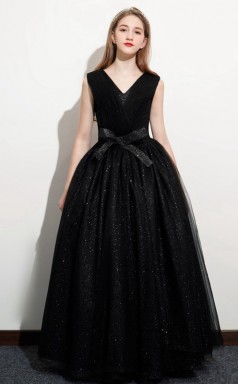 Schwarzes V-Ausschnitt-Kleid für Junior-Formelle Anlässe, Mädchen-Geburtstagspartykleid GJFGD070