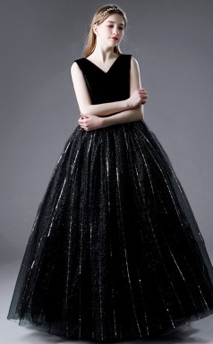 Schwarzes Tüll-V-Ausschnitt-Kleid für Junior-Formelle Anlässe, Mädchen-Geburtstagspartykleid GJFGD073