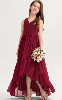 Burgunderfarbenes Chiffon-Kleid mit hoher Taille für Kinder-Brautjungfern, Blumenmädchenkleid GJFGD078