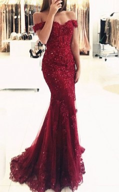 Dunkle Burgunderfarbene Tüllspitze Von Der Schulter Kurzarmtrompete / Meerjungfrau Langes Promikleid (GJT3749)