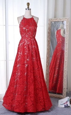 Rotes Spitzenhalfter A-linie Langes Promikleid (GJT3765)