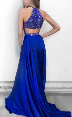 Königsblaues Charmeuse Halter A-line Langes Prominenten Kleid (GJT3768)