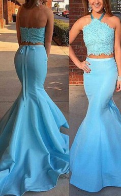 Pool Satin Halfter Trompete / Meerjungfrau Langes Zweiteiliges Ballkleid (GJT3770)
