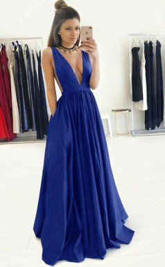 Königsblau Taft V-ausschnitt A-linie Langes Sex Ballkleid (GJT3772)