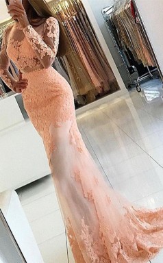 Rosa Spitze Bateau Langarm Trompete / Meerjungfrau Langes Promikleid (GJT3773)