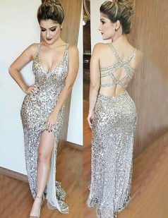 Silber Pailletten V-ausschnitt Trompete / Meerjungfrau Langes Sex Ballkleid (GJT3795)