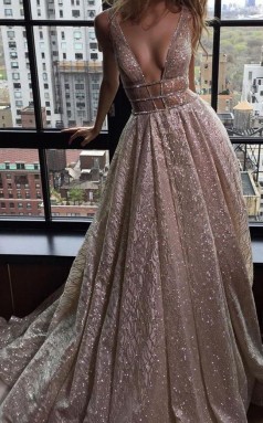 Champange Spitze V-ausschnitt A-linie Langes Sex Ballkleid (GJT3797)