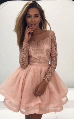 Errötend Rosa Spitze Organza A-linie Illusion Langarm Mini-cocktailkleid (GJT3799)