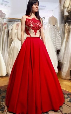 Rotes Satin A-line Illusion Bodenlanges Abendkleid (GJT3806)