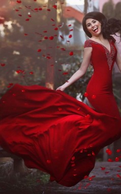 Rotes Spandex Trompete / Meerjungfrau V-ausschnitt Kurzarm Bodenlanges Abendkleid (GJT3807)