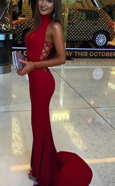 Rote Spandex Trompete / Meerjungfrau V-ausschnitt Sweep Zug Sex Prom Kleid (GJT3808)