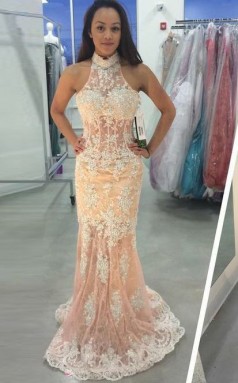 Leichte Champagner Spitzentrompete / Meerjungfrau Halfter Bodenlanges Sex Ballkleid (GJT3821)