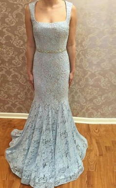 Himmelblaue Spitze Trompete / Meerjungfrau Quadrat Sweep Zug Ballkleid (GJT3822)