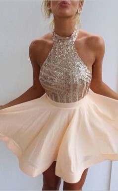 Perlrosa Chiffon A-linie Neckholder Mini Cocktailkleid (GJT3843)