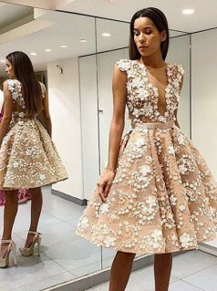 Champange Lace A-line Jewel Kurzarm Knielanges Cocktailkleid (GJT3844)