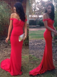 Rote Chiffon Trompete / Meerjungfrau Von Der Schulter Kurzarm Sweep Zug Abendkleider (GJT3881)