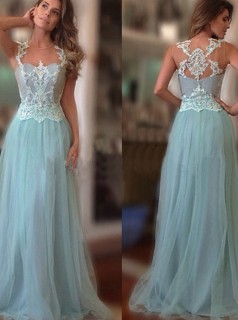Himmelblaue Spitze Tüll A-linie Illusion Bodenlange Abendkleider (GJT3885)