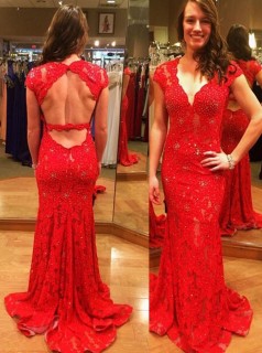 Rote Spitzentrompete / Meerjungfrau überbackene Bodenlange Kurzarm-abendkleider (GJT3889)