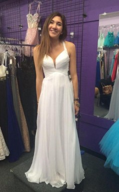 Elfenbein 30d Chiffon A-line Halter Bodenlange Abendkleider (GJT3892)