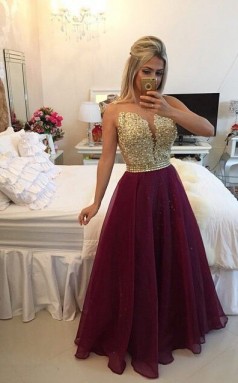 Trauben Tüll A-linie Illusion Bodenlange Abendkleider (GJT3895)