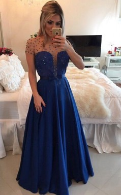 Königsblaue Stretch Satin A-linie Illusion Kurzarm Bodenlange Abendkleider (GJT3896)