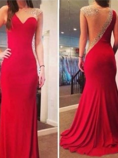 Rote Spandex-trompete / Meerjungfrau Asymmetrische Bodenlange Kurzarm-abendkleider (GJT3897)