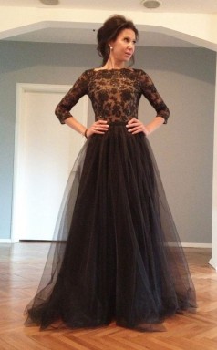 Schwarze Tüllspitze A-linie Bateau 3/4-Ärmel Bodenlange Abendkleider (GJT3899)