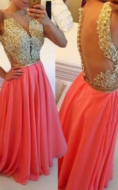 Bodenlange Abendkleider Mit Wassermelonen-chiffon-a-linie Und V-ausschnitt (GJT3902)