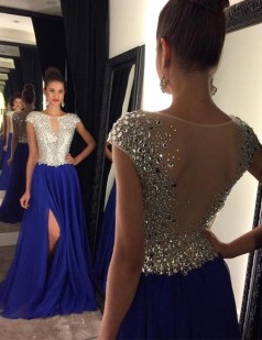 Königsblaue 30d Chiffon A-linie Bateau Kurzarm Bodenlange Abendkleider (GJT3904)