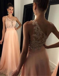 Perlrosa Chiffon A-linie Bodenlange Abendkleider Mit Einer Schulter (GJT3905)