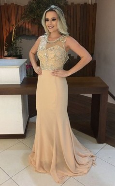 Champange Chiffon Trompete / Meerjungfrau Illusion Bodenlange Abendkleider (GJT3906)