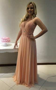 Perlrosa Chiffon A-linie Illusion Bodenlange Abendkleider (GJT3907)