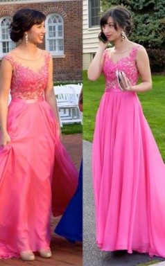 Pfirsich Chiffon A-linie Illusion Kurzarm Bodenlange Abendkleider (GJT3911)