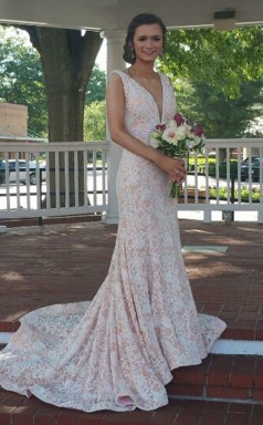 Elfenbein Spitze Trompete / Meerjungfrau V-ausschnitt Lange Hochzeit Formelle Kleider (GJT3915)