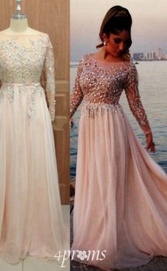 Beige Chiffon A-linie Bateau Langarm Lange Plus Size Kleider (GJT3919)