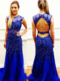 Königsblaue Tülltrompete / Meerjungfrau Illusion Lange Sex Ballkleider (GJT3927)