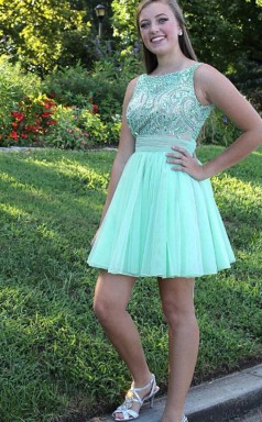 Hellgrüne A-linie Bateau Short / Mini Cocktailkleider Aus Tüll (GJT3928)