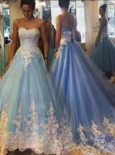 Himmelblaue Tüll Ballkleid Schatz Lange Quincenera Kleider (GJT3930)