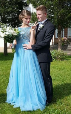 Pool Tüll A-linie Bateau Lange Abschlusskleider (GJT3932)