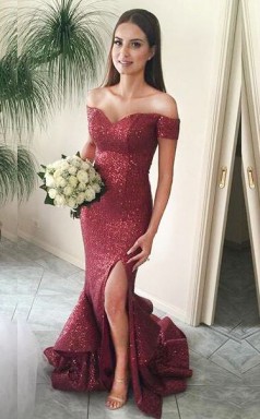 Traube Pailletten Trompete / Meerjungfrau Von Der Schulter Kurzarm Lange Sex Ballkleider (GJT3948)